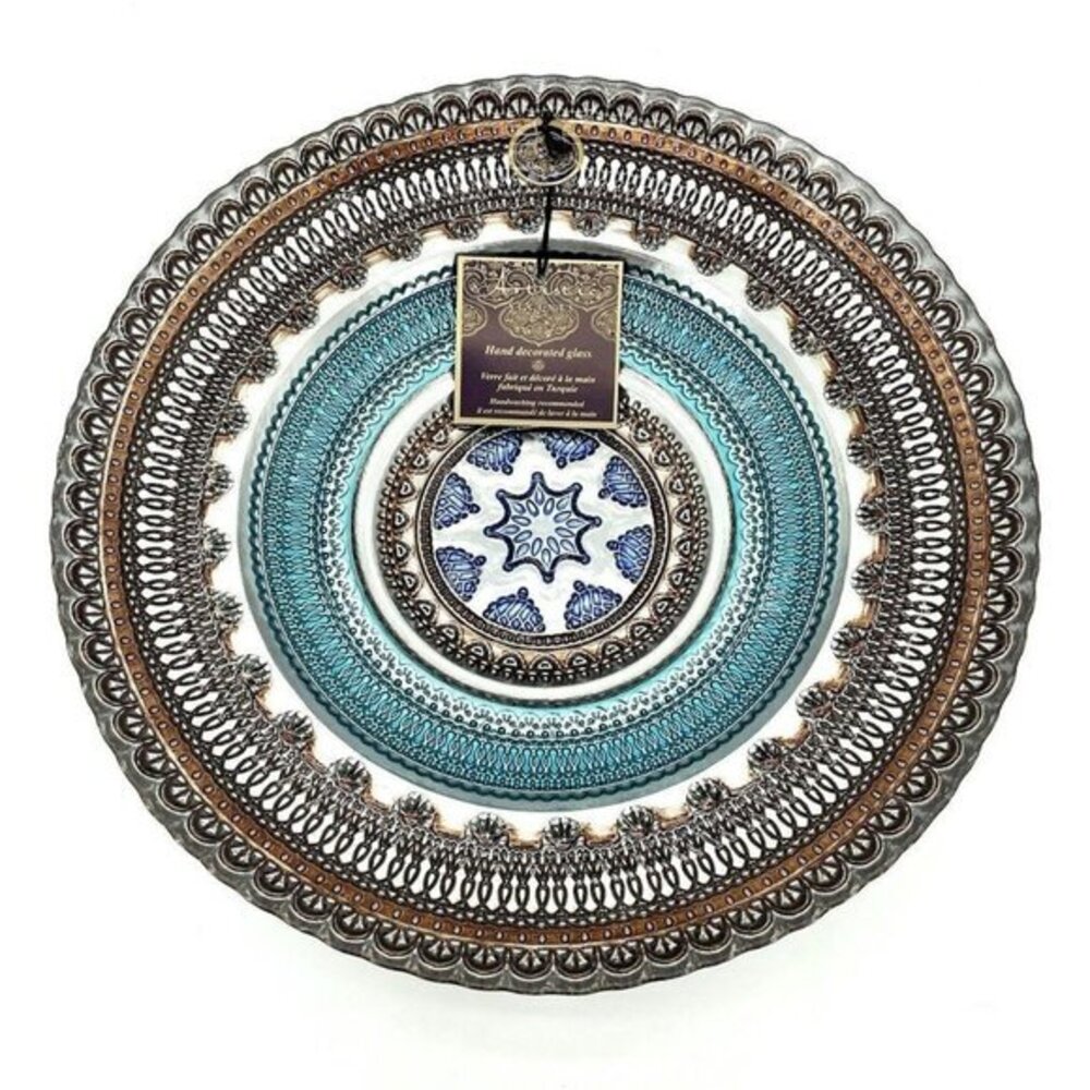 Turkish Glass Round Bowl Dinner Blue Silver Brown Lace Print 13.5" Wide